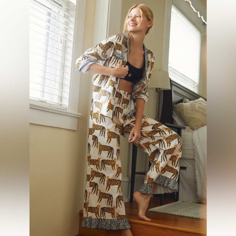 Marcello Velho for Anthropologie cheetah leopard print flannel pajama set -S